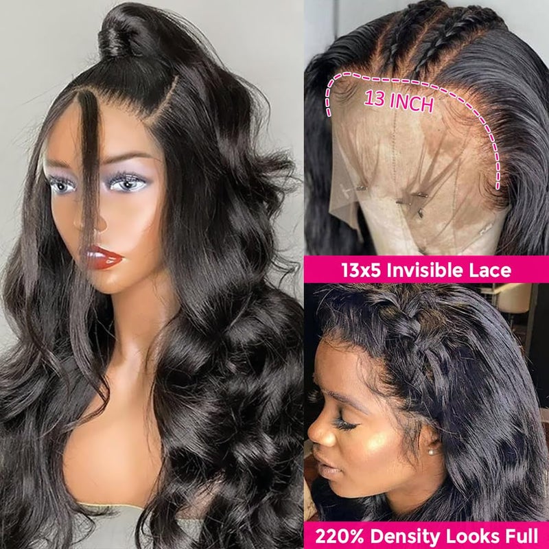 Wingirl 13Ã—5 Lace Front Human Hair Wigs for Women 12A HD Transparent Body Wave Lace Front Wigs Human Hair Pre Plucked Bleached Knots (22 Inch (Pack of 1), 220% 1B# Color) - Image 2